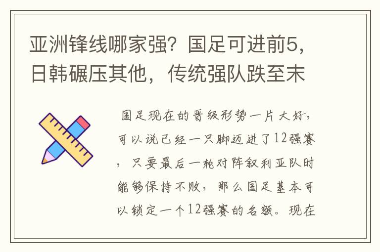 亚洲锋线哪家强?国足可进前5,日韩碾压其他,传统强队跌至末尾