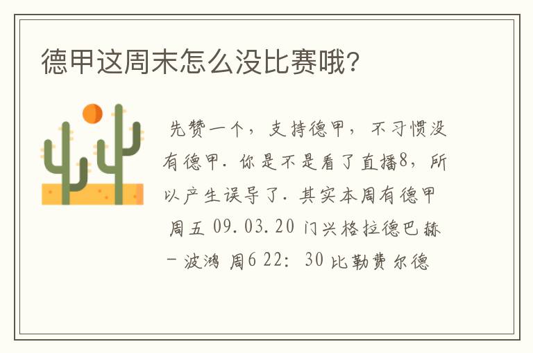 德甲这周末怎么没比赛哦?