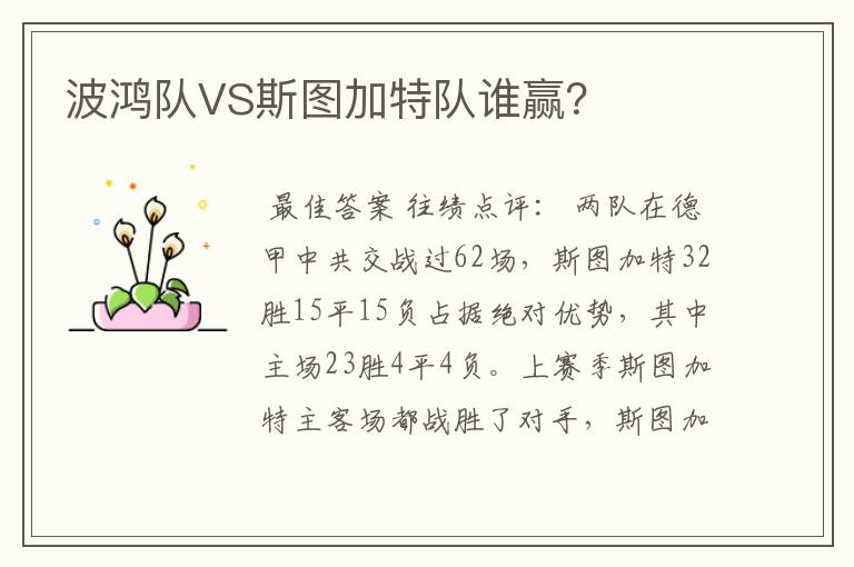 波鸿队VS斯图加特队谁赢?