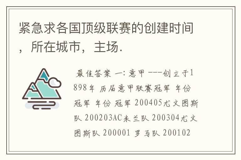 紧急求各国顶级联赛的创建时间，所在城市，主场．