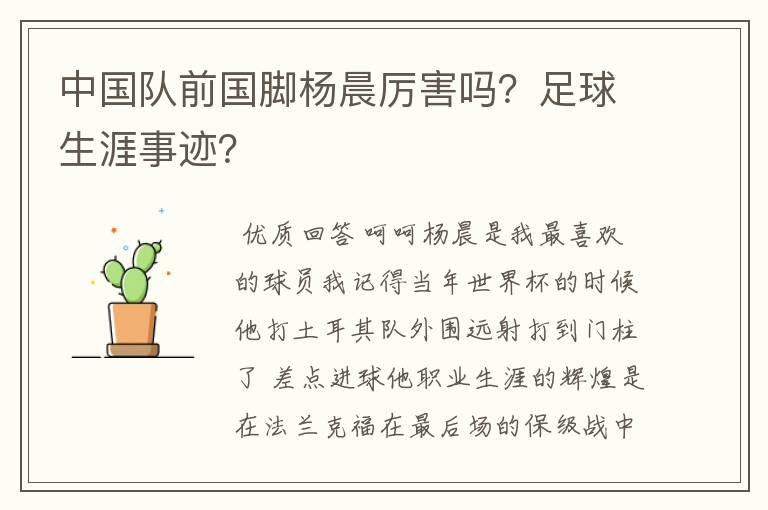 中国队前国脚杨晨厉害吗?足球生涯事迹?