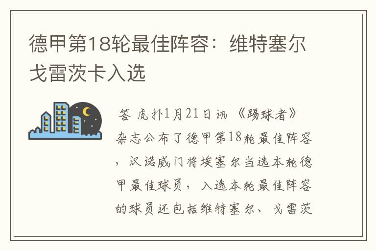 德甲第18轮最佳阵容:维特塞尔戈雷茨卡入选