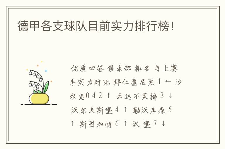 德甲各支球队目前实力排行榜！