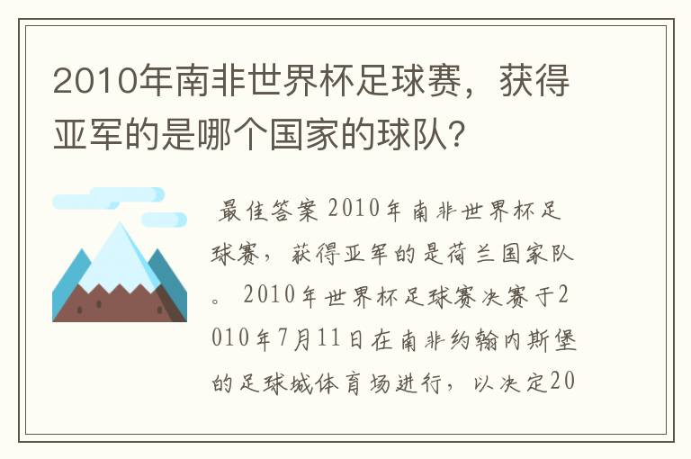 2010年南非世界杯足球赛,获得亚军的是哪个国家的球队?