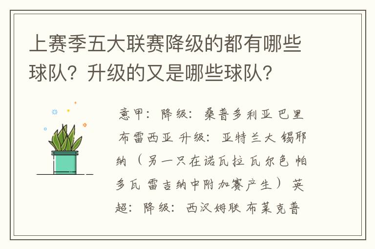 上赛季五大联赛降级的都有哪些球队?升级的又是哪些球队?