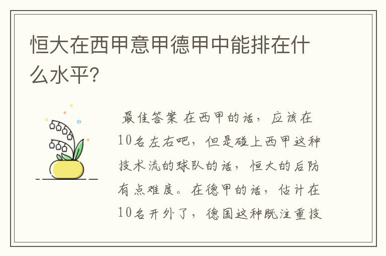 恒大在西甲意甲德甲中能排在什么水平?