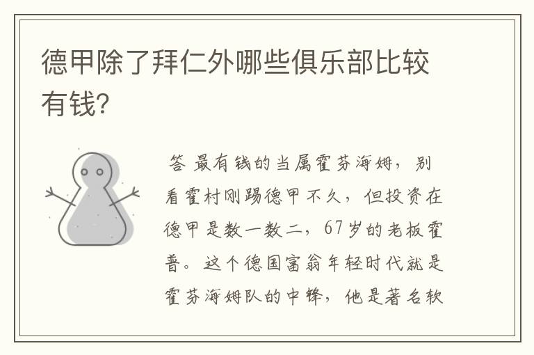 德甲除了拜仁外哪些俱乐部比较有钱?