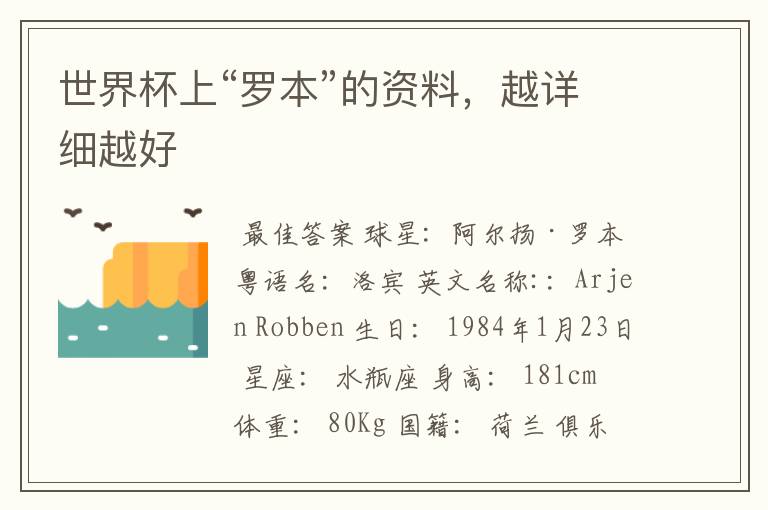 世界杯上“罗本”的资料,越详细越好