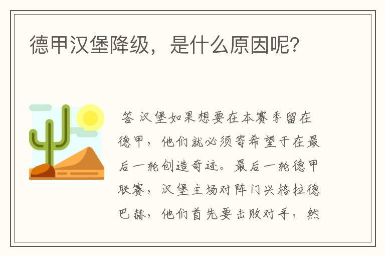 德甲汉堡降级，是什么原因呢？