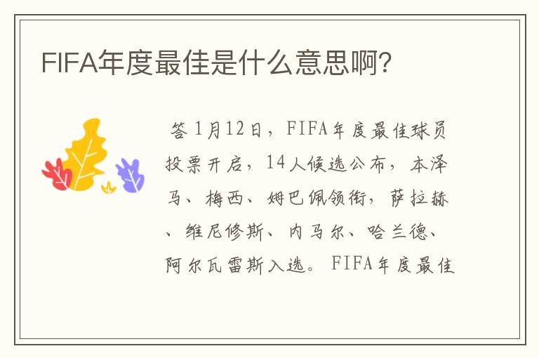 FIFA年度最佳是什么意思啊?
