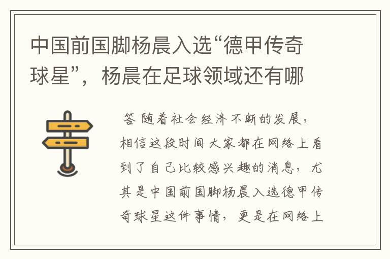 中国前国脚杨晨入选“德甲传奇球星”,杨晨在足球领域还有哪些成就?