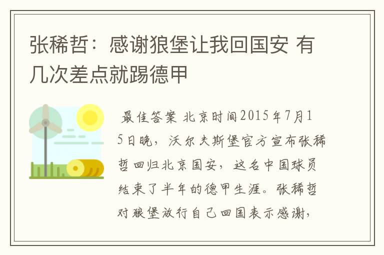 张稀哲:感谢狼堡让我回国安 有几次差点就踢德甲