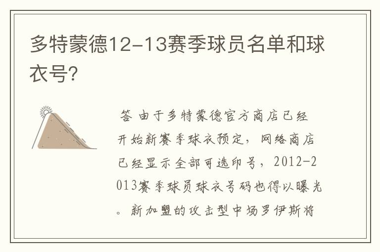 多特蒙德12-13赛季球员名单和球衣号?