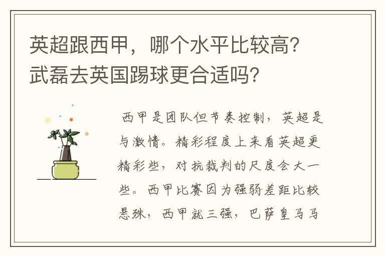 英超跟西甲,哪个水平比较高?武磊去英国踢球更合适吗?