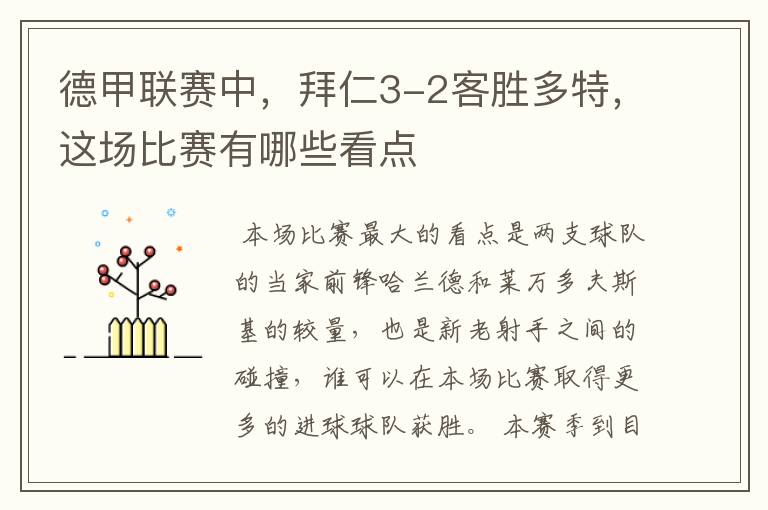德甲联赛中,拜仁3-2客胜多特,这场比赛有哪些看点