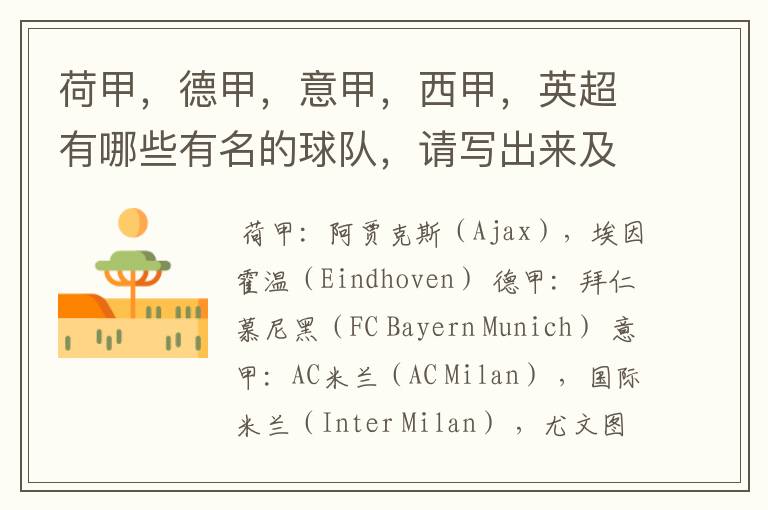 荷甲,德甲,意甲,西甲,英超有哪些有名的球队,请写出来及他们的英文名?