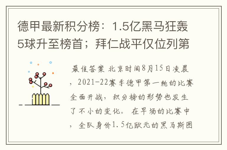 德甲最新积分榜:1.5亿黑马狂轰5球升至榜首;拜仁战平仅位列第7