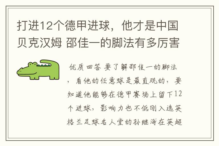 打进12个德甲进球,他才是中国贝克汉姆 邵佳一的脚法有多厉害