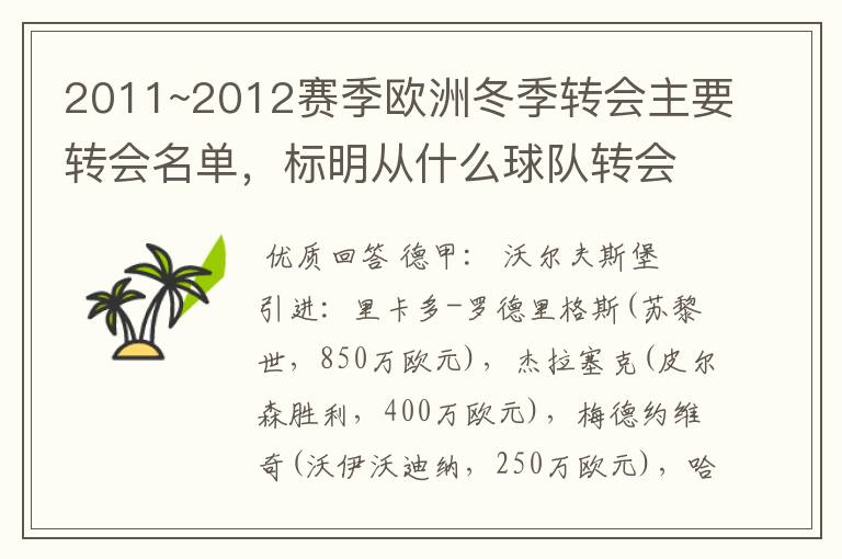 2011~2012赛季欧洲冬季转会主要转会名单,标明从什么球队转会到什么球队,多谢~