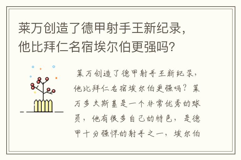 莱万创造了德甲射手王新纪录,他比拜仁名宿埃尔伯更强吗?