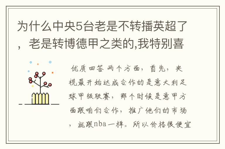 为什么中央5台老是不转播英超了,老是转博德甲之类的,我特别喜欢看英超?