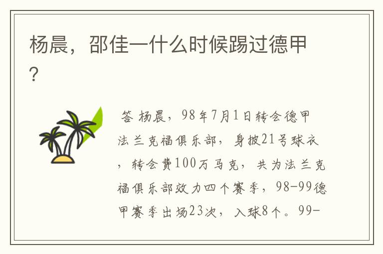 杨晨,邵佳一什么时候踢过德甲?