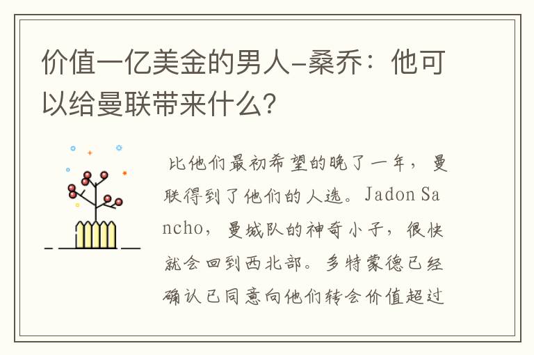 价值一亿美金的男人-桑乔:他可以给曼联带来什么?