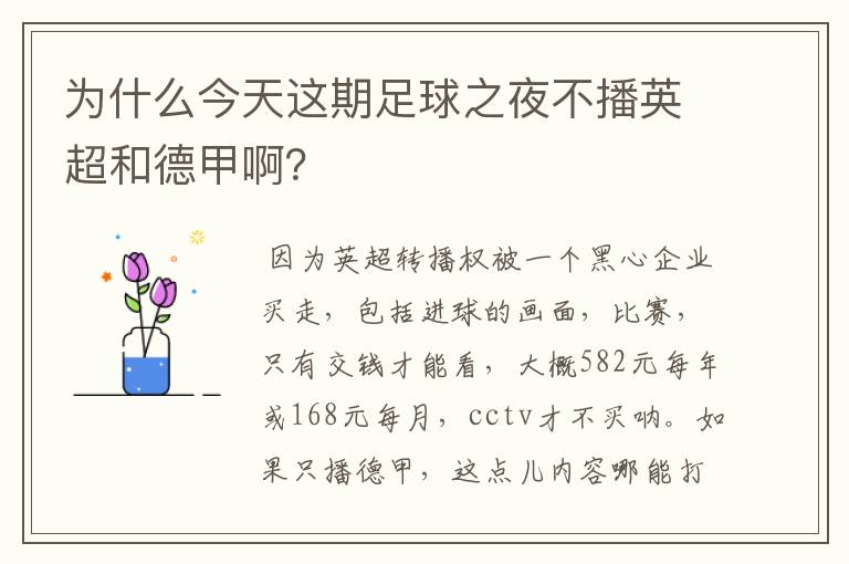 为什么今天这期足球之夜不播英超和德甲啊?