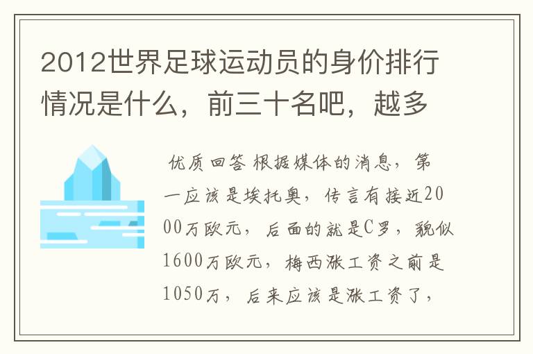 2012世界足球运动员的身价排行情况是什么,前三十名吧,越多越好哦~~