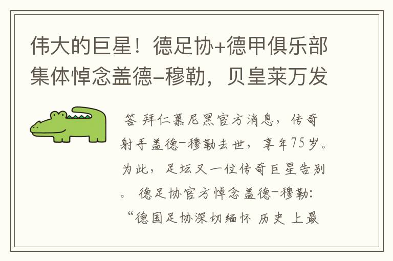 伟大的巨星!德足协+德甲俱乐部集体悼念盖德-穆勒,贝皇莱万发声