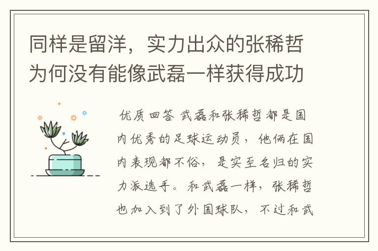 同样是留洋,实力出众的张稀哲为何没有能像武磊一样获得成功?
