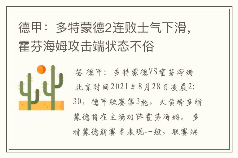 德甲:多特蒙德2连败士气下滑,霍芬海姆攻击端状态不俗
