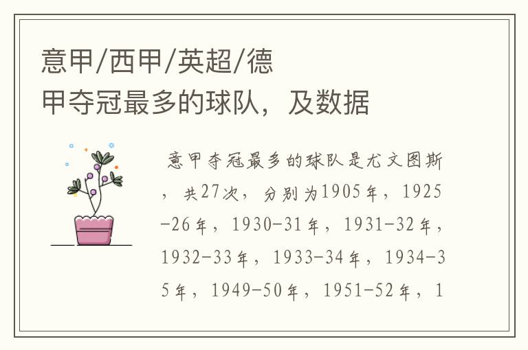 意甲/西甲/英超/德甲夺冠最多的球队,及数据