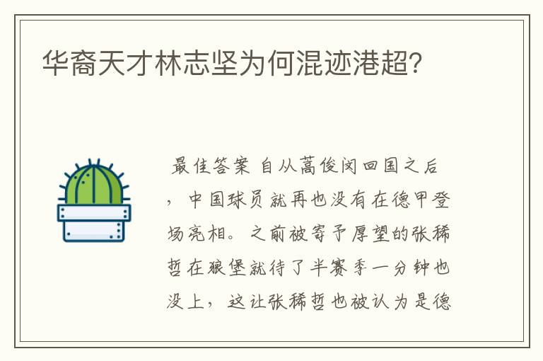 华裔天才林志坚为何混迹港超?