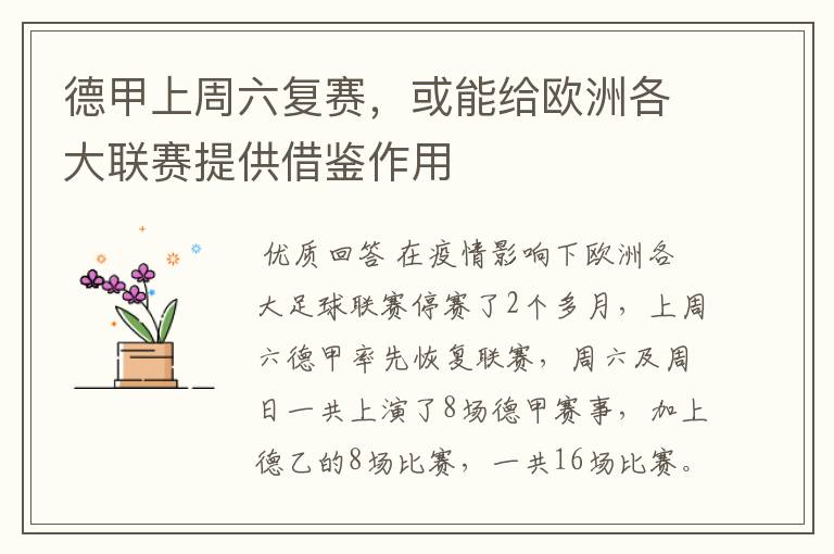 德甲上周六复赛,或能给欧洲各大联赛提供借鉴作用
