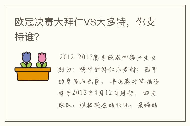 欧冠决赛大拜仁VS大多特，你支持谁？
