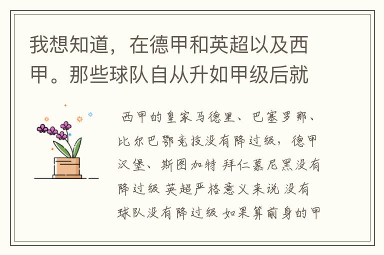 我想知道,在德甲和英超以及西甲。那些球队自从升如甲级后就从没有降过级?