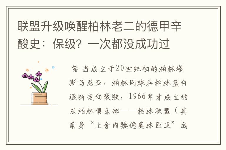 联盟升级唤醒柏林老二的德甲辛酸史:保级?一次都没成功过