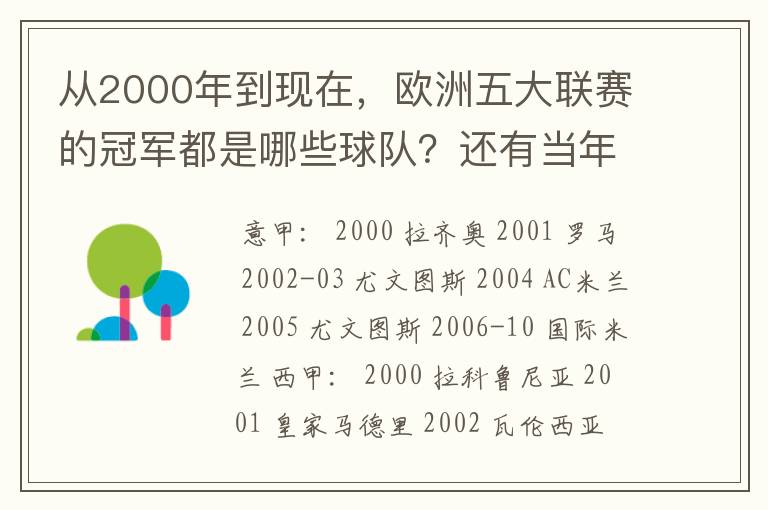 从2000年到现在,欧洲五大联赛的冠军都是哪些球队?还有当年的欧冠冠军。