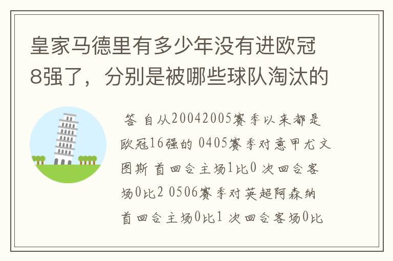 皇家马德里有多少年没有进欧冠8强了,分别是被哪些球队淘汰的,求比分