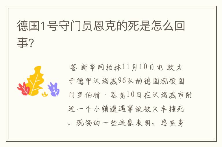 德国1号守门员恩克的死是怎么回事?
