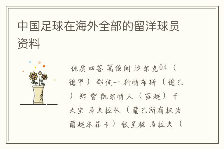 中国足球在海外全部的留洋球员资料