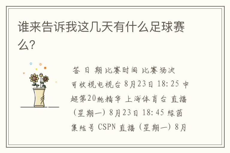 谁来告诉我这几天有什么足球赛么?