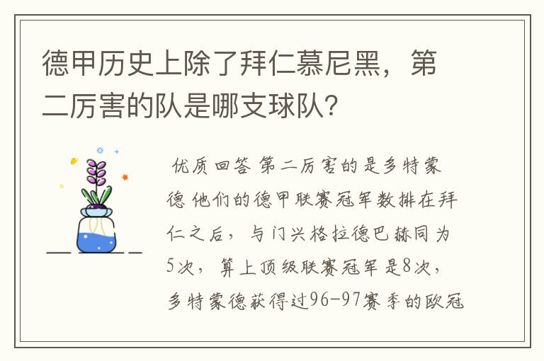德甲历史上除了拜仁慕尼黑,第二厉害的队是哪支球队?