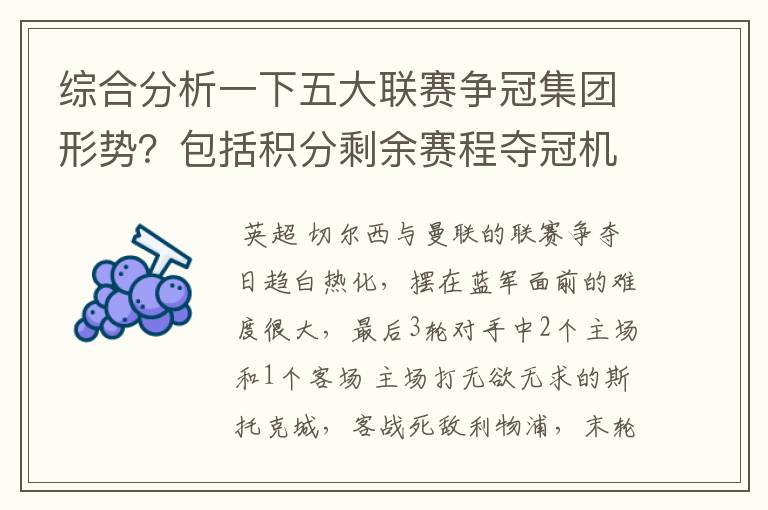 综合分析一下五大联赛争冠集团形势?包括积分剩余赛程夺冠机会啥的