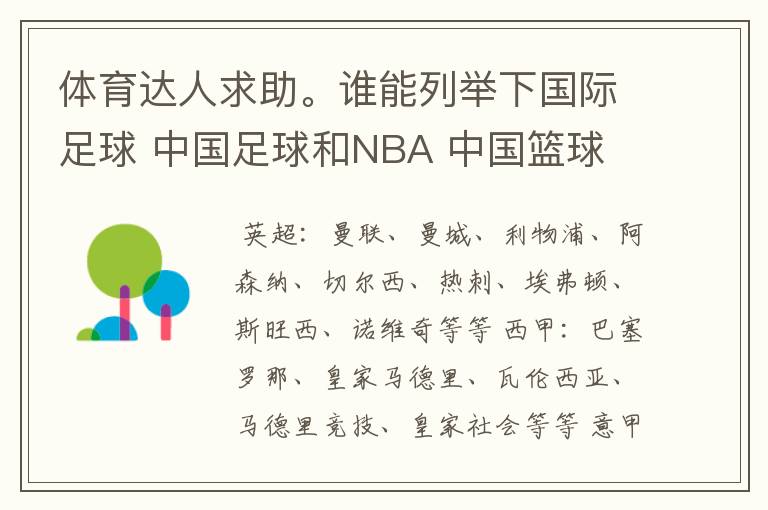 体育达人求助。谁能列举下国际足球 中国足球和NBA 中国篮球 里比较出名的球队和球员?一一介绍下最