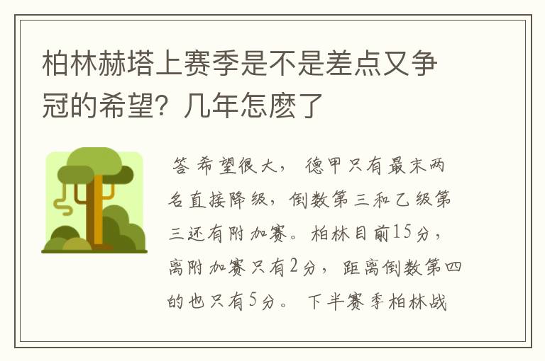 柏林赫塔上赛季是不是差点又争冠的希望?几年怎麽了