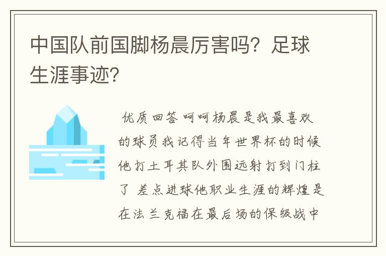 中国队前国脚杨晨厉害吗?足球生涯事迹?