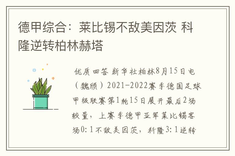 德甲综合:莱比锡不敌美因茨 科隆逆转柏林赫塔