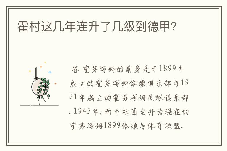 霍村这几年连升了几级到德甲?